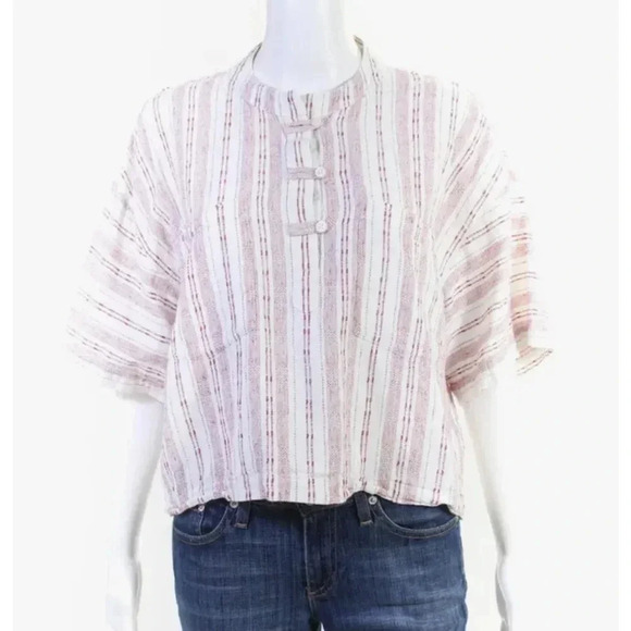 Derek Lam 10 Crosby Womens Striped Half Button Crop Tee Shirt Top White … - Picture 1 of 7